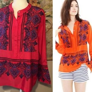 J. Crew Red Tunic Top with Blue Paisley Print